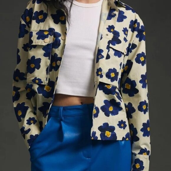 Pepaloves Anthropologie Blue Flower Jacket Button Down Shirt Women's XL - Picture 1 of 9
